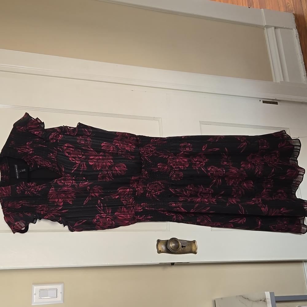 WHBM Sleeveless Smocked Waist Ruffle Midi Dress with Flutter Sleeve, size L
